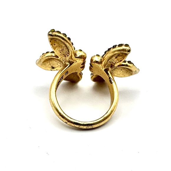 Rare Stella & Dot Pink & Green Rhinestone Flower Adjustable Open Gold-Tone Ring - Picture 4 of 5